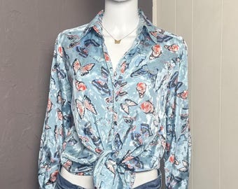 1970’s Baby Blue Satin Butterfly Print Blouse from Da-Rue size 10P