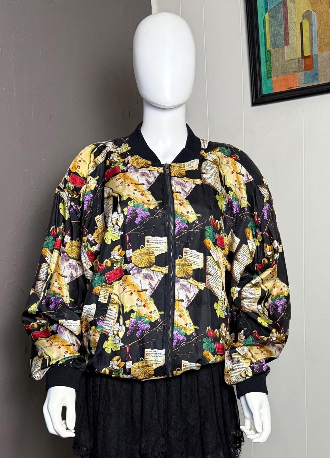 Vintage Nicole Miller Silk Bomber Jacket: California Wine Print