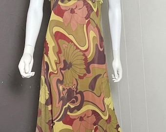 1990-talsklänning med abstrakt blommig chiffong från 1960-talet, storlek 4