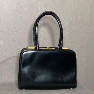 1950's Black Leather Handbag From KORET Small Doctor Satchel Bag