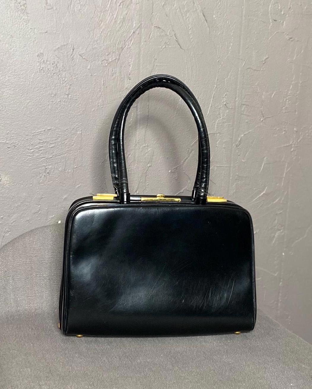 1950's Black Leather Handbag From KORET Small Doctor Satchel Bag
