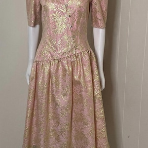 1980s Halston Pink Asymmetric Drop Waist Dress with Gold Metallic Lace  size 6