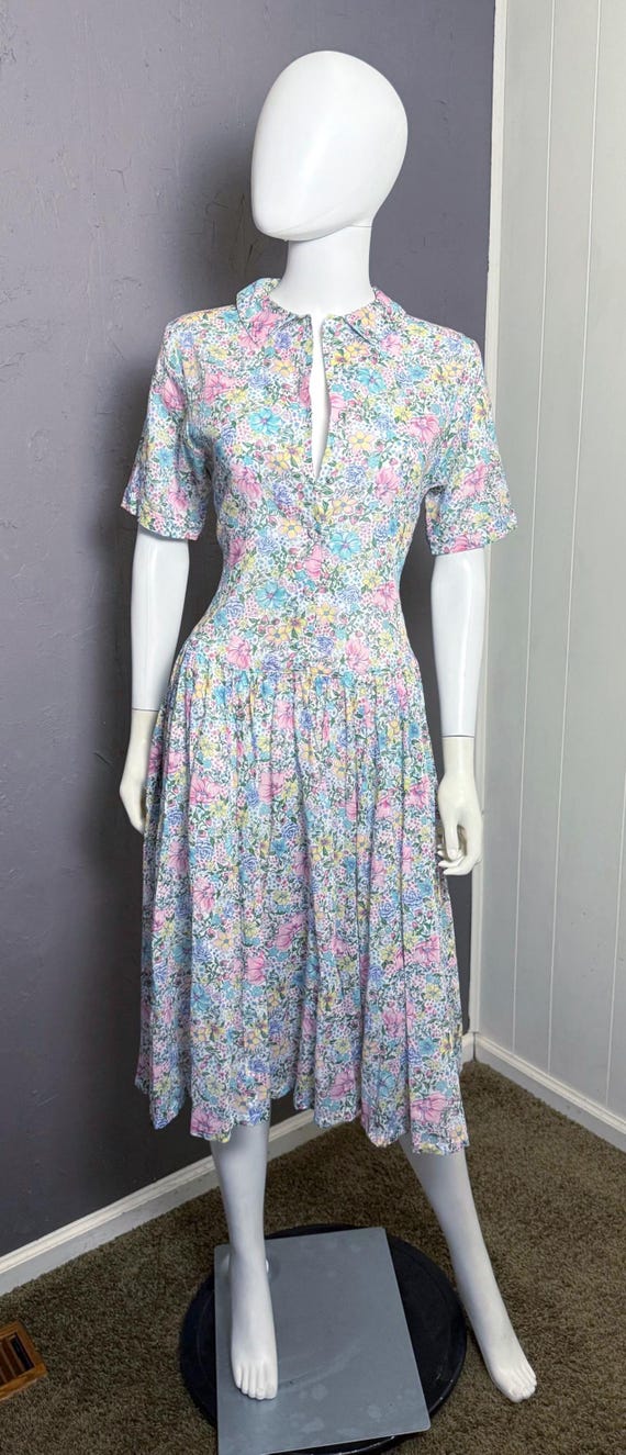 1970's Floral Tea Dress Tissue Thin Cotton Semi-Sheer S-M View 2