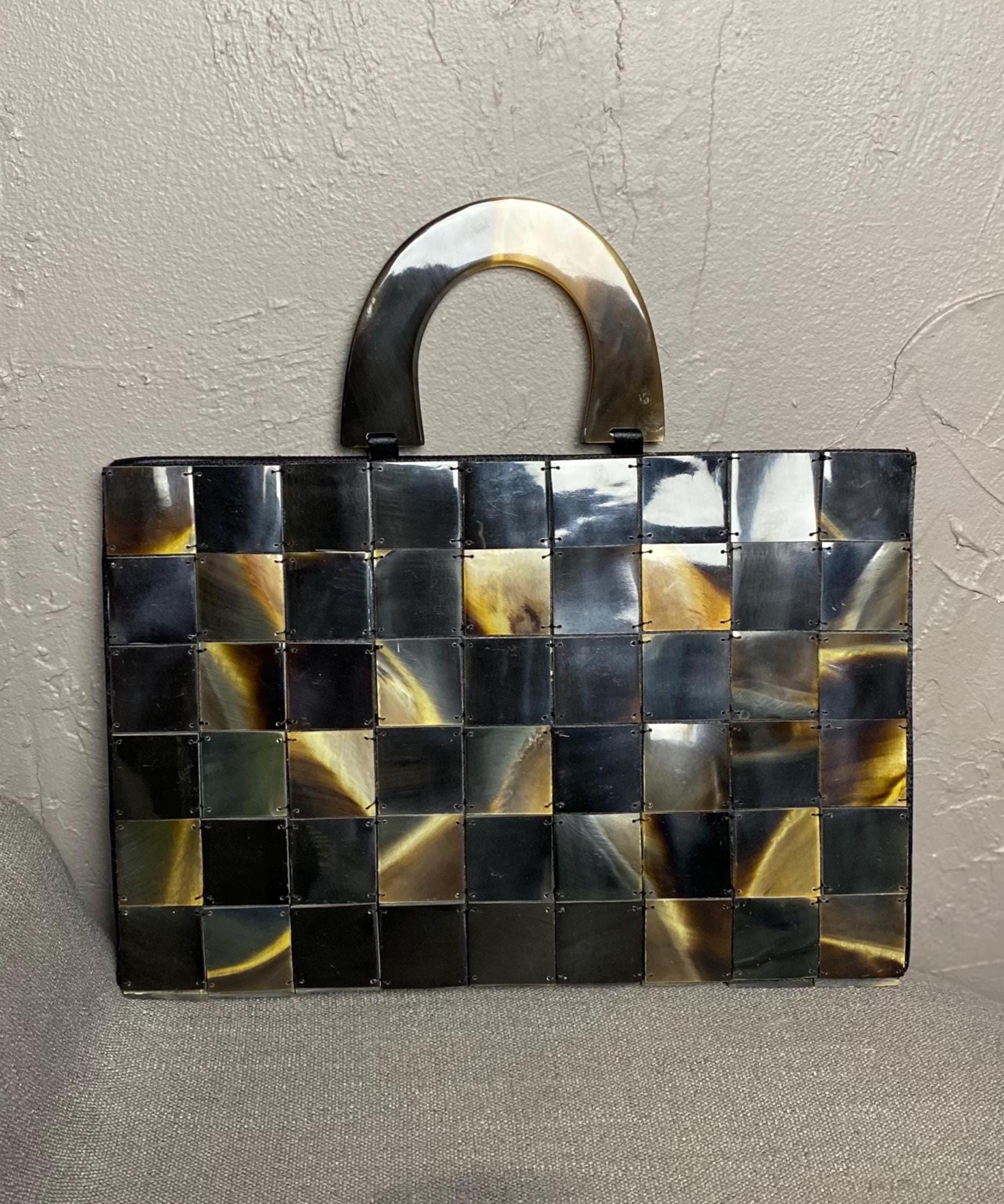 Vintage Horn Tile Top Handle Bag Tortoise Shell Brown x Tan Square Tile Bag