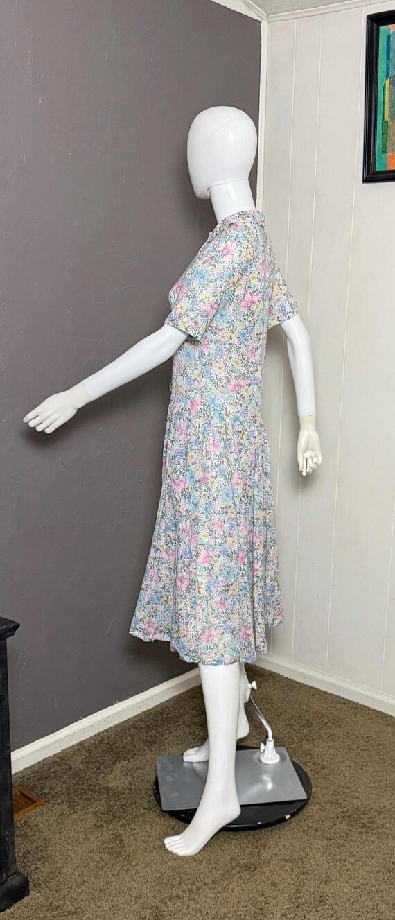 1970's Floral Tea Dress Tissue Thin Cotton Semi-Sheer S-M View 6