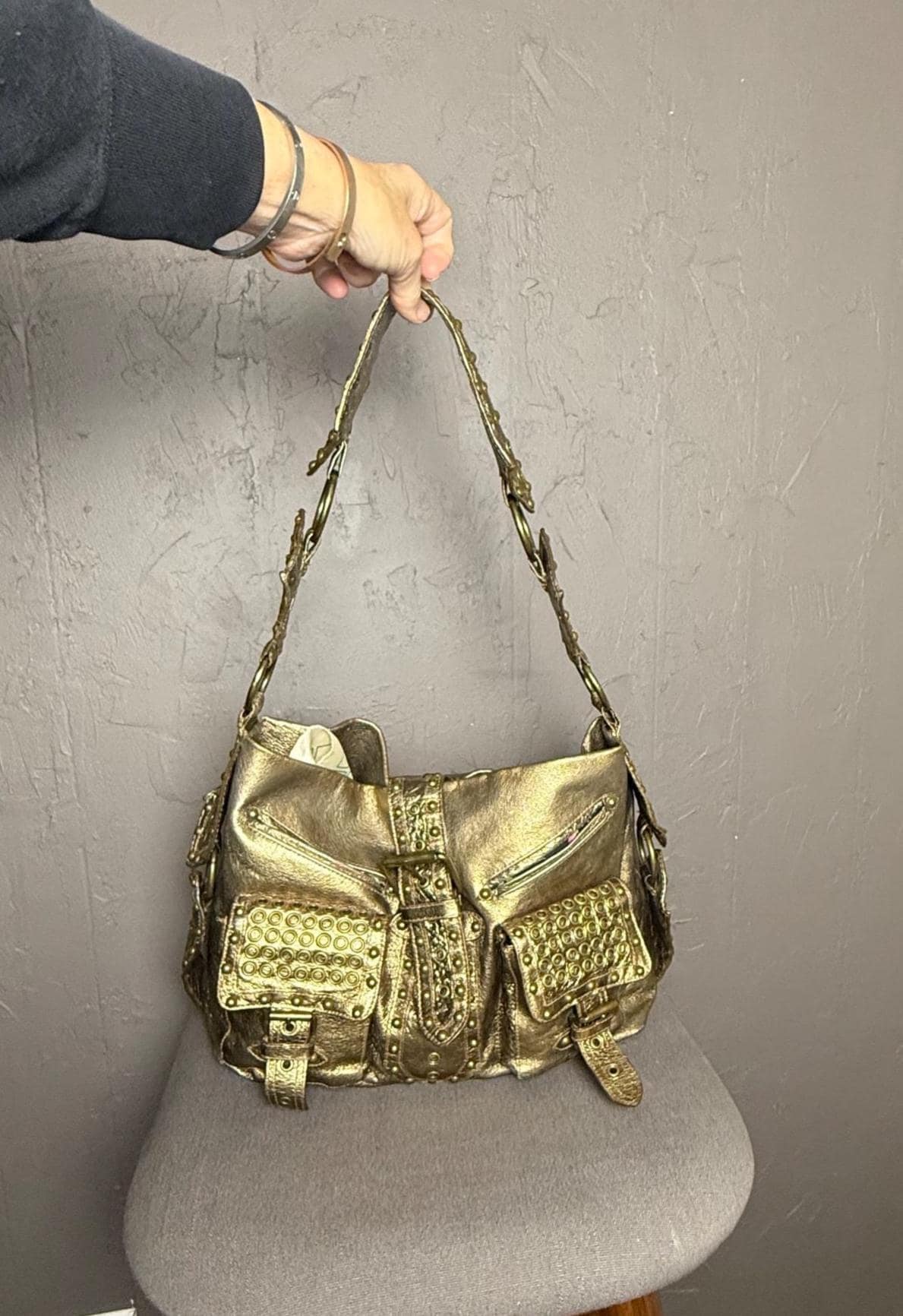 Y2K Vintage Bronze Studded Shoulder Bag From Betsey Johnson