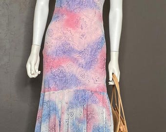 Y2K Watercolor Paisley Print ruffle Trim Slip Dress by Janette U.S.A size Medium