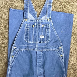 1980's Big Smith Blue Denim Overalls Distressed Patched Bib Overalls L/XL