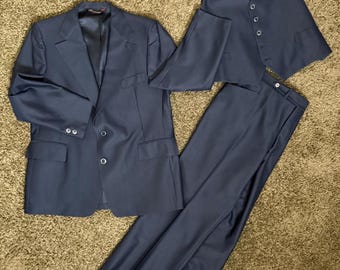 1970's Blue Three-Piece Men's Suit from Claude's XL Men's 46R 41W 30L