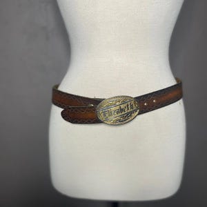 1970&#39;s Brown Leather Belt + Nameplate Belt Buckle