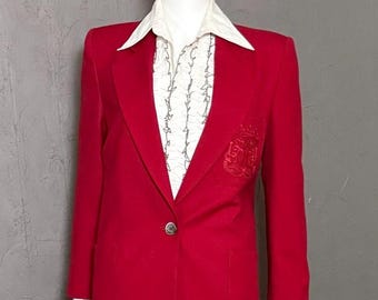 1980's Red Wool Blazer from Premier Collection Embroidered Crest Pocket Single Breasted XS/S
