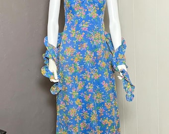 1970s Blaues Floral Neckholderkleid + Wrap S/M Neu mit Tags Deadstock Boho Set