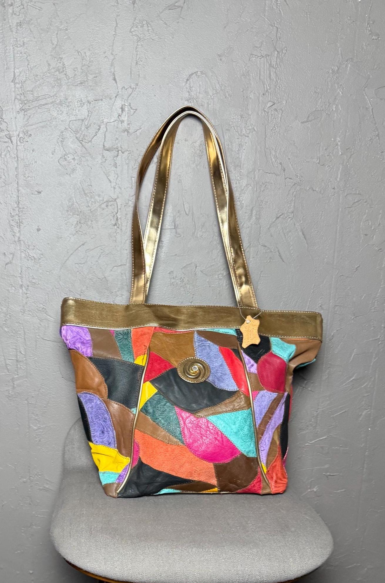バッグ 80s 90s VINTAGE LEATHER TOTE BAG Vintage Leather Patchwork Tote Bag Colorful 80's Leather X Suede