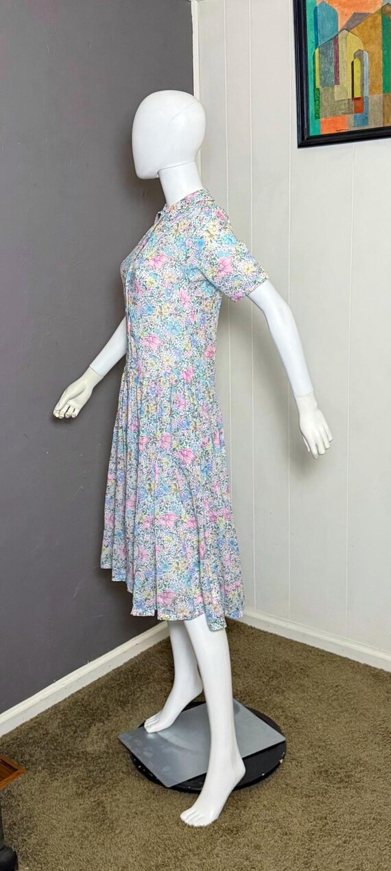 1970's Floral Tea Dress Tissue Thin Cotton Semi-Sheer S-M View 4