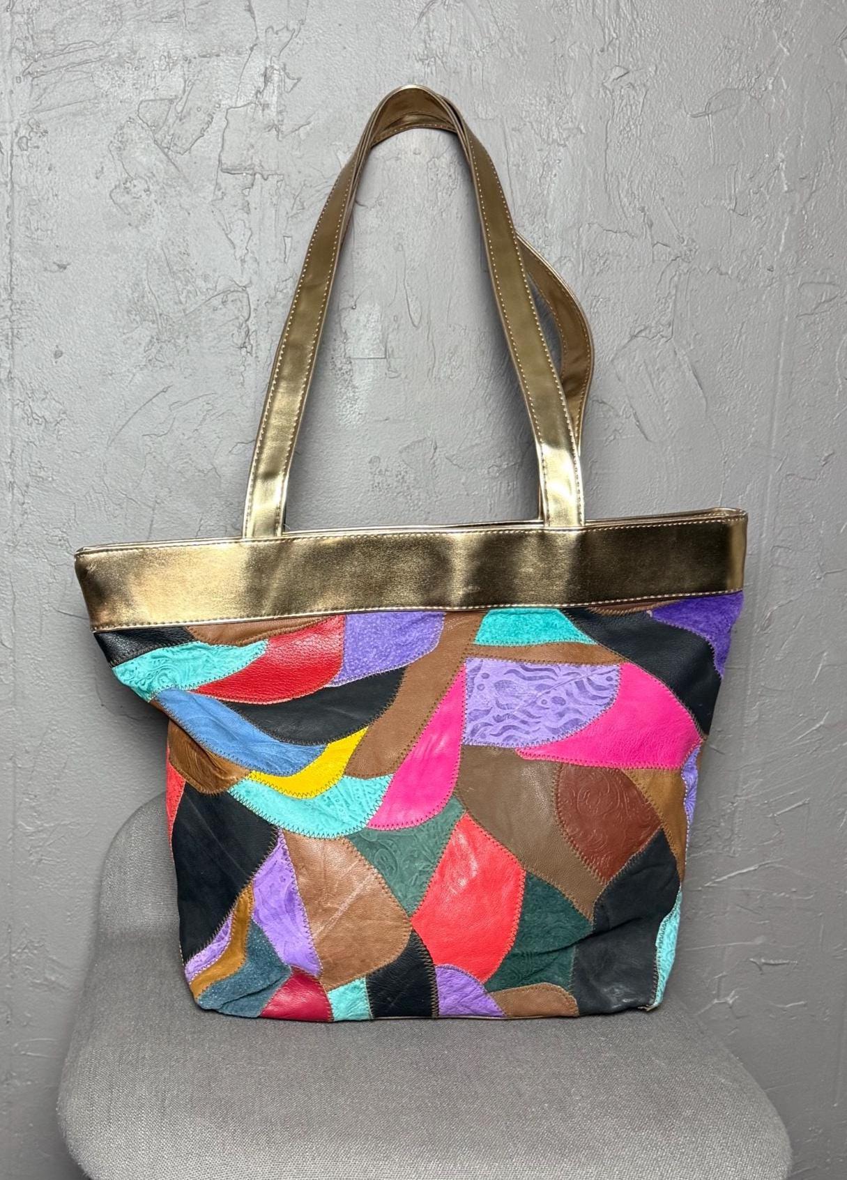Vintage Leather Patchwork Tote Bag Colorful 80's Leather X Suede