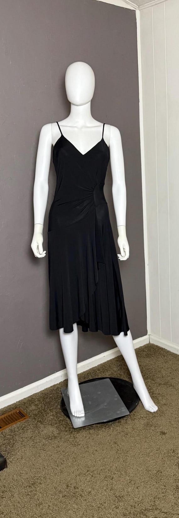 Vintage 90s Black Jersey Dress, Asymmetric Hem, Size Small