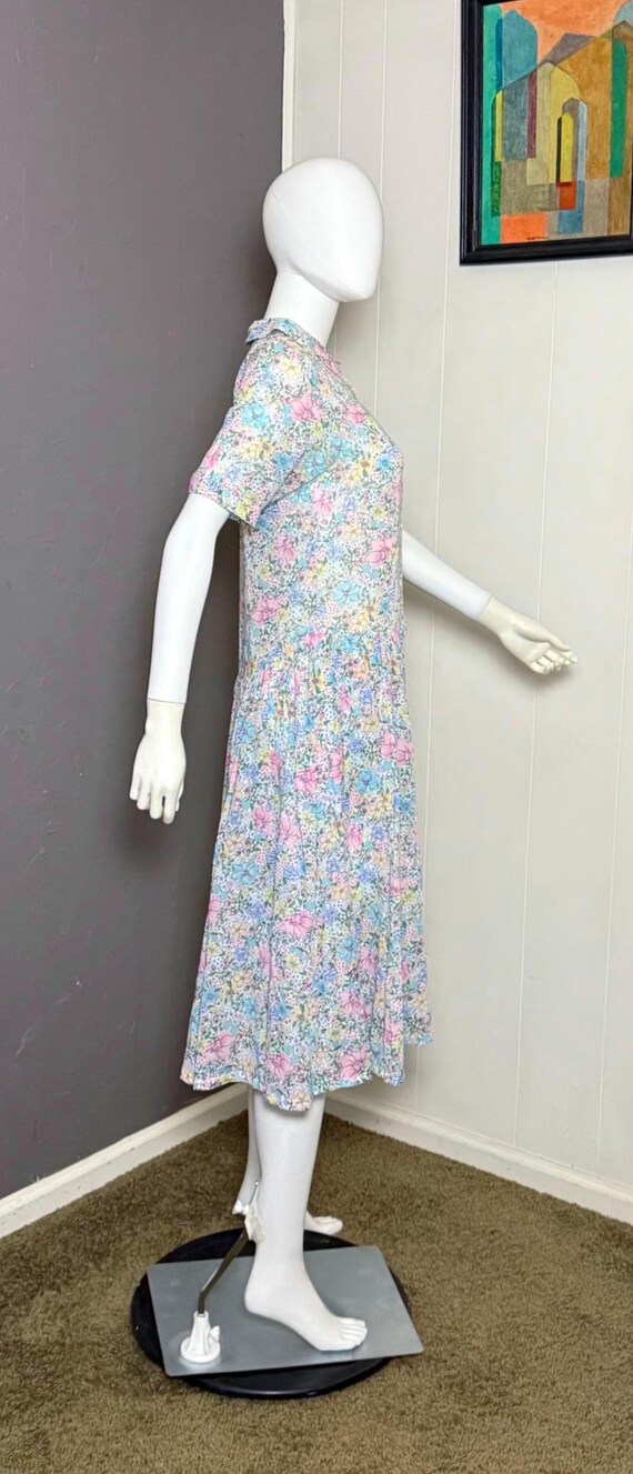 1970's Floral Tea Dress Tissue Thin Cotton Semi-Sheer S-M View 3