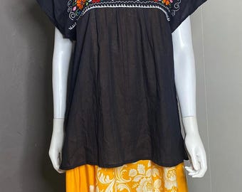Vintage Black Embroidered Hippie Tunic Shirt size M/L