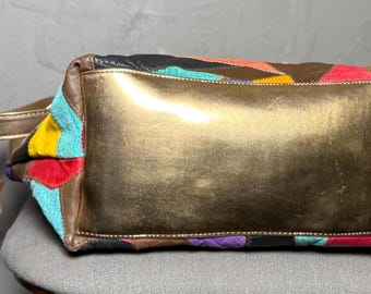 Vintage Leather Patchwork Tote Bag Colorful 80's Leather X Suede