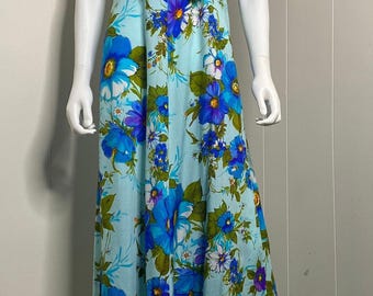 1960s Vintage Blue Floral Maxi A-line from Lauhala size 12 Groovy 60s Floral Print Dress size Large