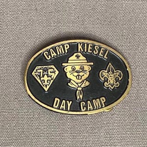 1980&#39;s Camp Kiesel Day Camp Brass Belt Buckle Boy Scouts USA
