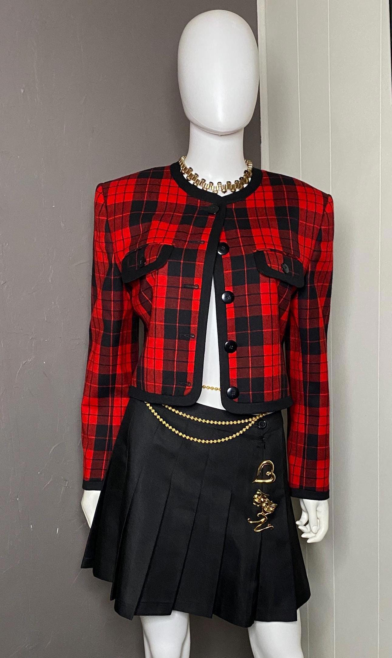 1990's Red Black Plaid Cropped Blazer from JH Collectibles size Medium