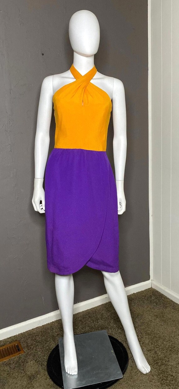 1980's-1990’s Color Blocked Halter Dress Purple and Orange by Liz Claiborne size 6