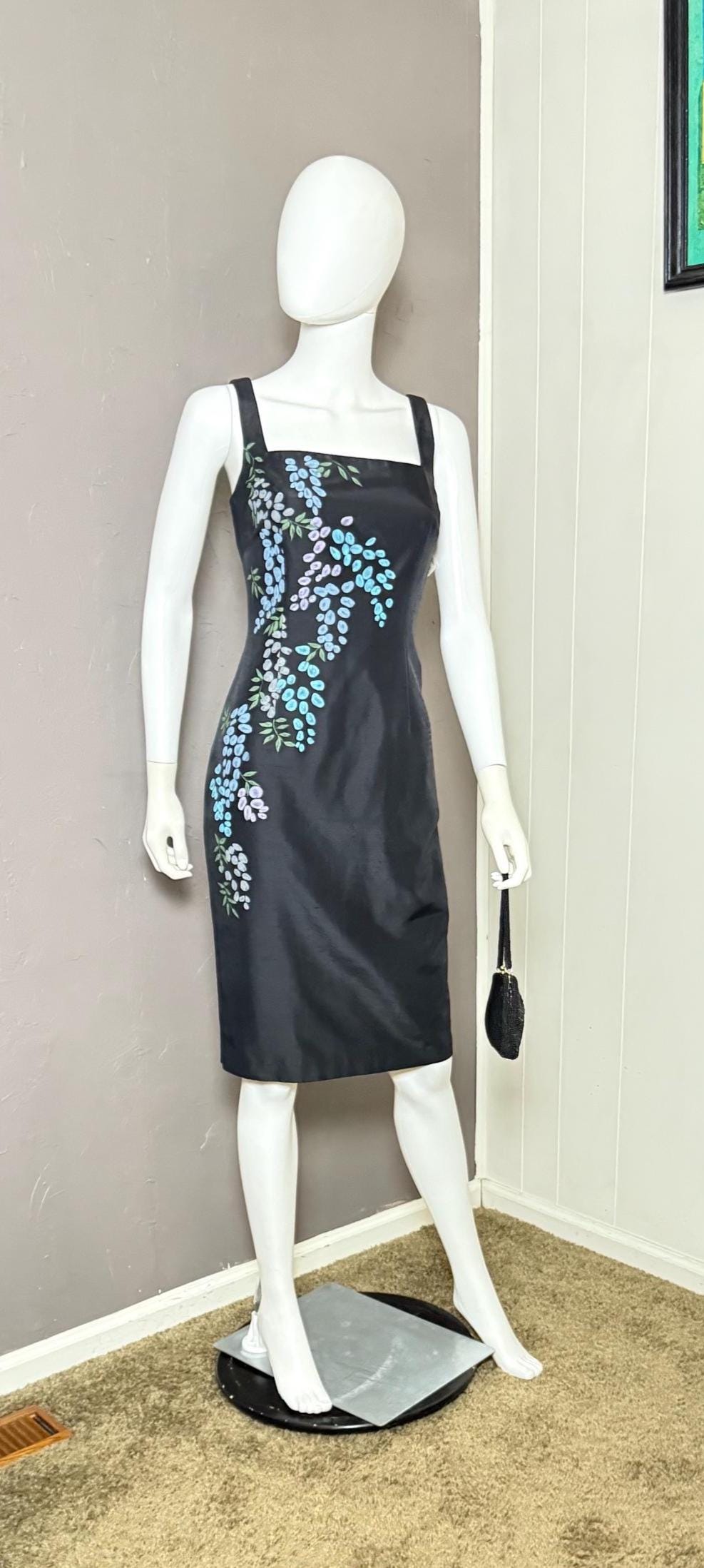 90s Vintage Silk Sheath Dress: Hand-painted Lilacs, Size 8