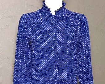 1940's Royal Blue and White Polka Dot Blouse Ruffle Neck and Cuff by Danar Hadi
