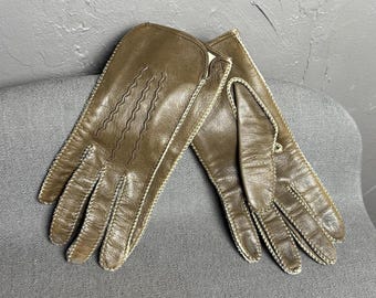 Guantes de conducir vintage Fownes de cuero marrón claro de los años 80 con costuras blancas, talla 6.5