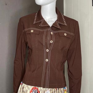 1990&#39;s Brown with White Stitch + Pearl Studs Lightweight Jacket from St. John size Medium