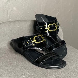 Black Patent Leather Wedge DAYNA Sandals by Donald J Pliner Brass Horsebit