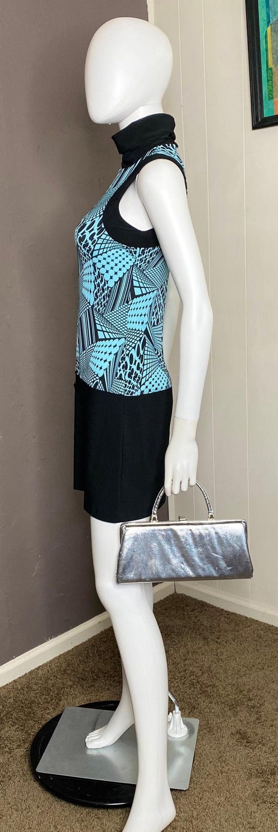 1990's MOD Abstract Print Turtleneck Mini Dress f… - image 4