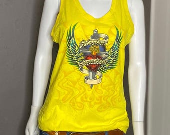 Y2K Gul Bedazzled Harley Davidson från Kootenays Tank storlek 1X