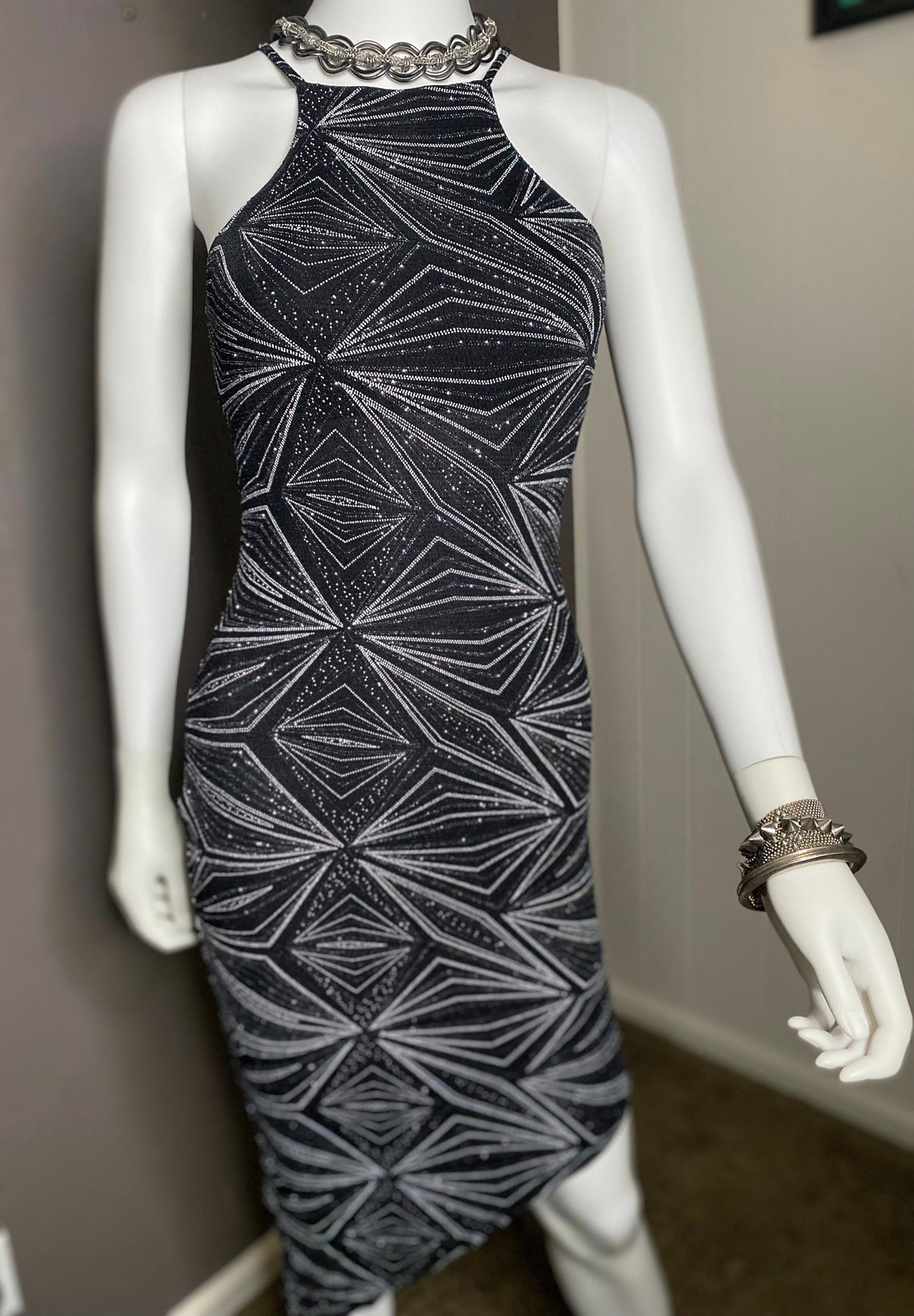 black and silver bodycon sequin dress Y2K Glitter Geometric Asymmetrical Size Medium Colour:Hot pink