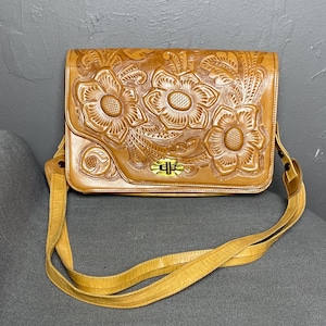 Vintage Tooled Leather Shoulder Bag Light Tan Leather Mexican Tooled Leather