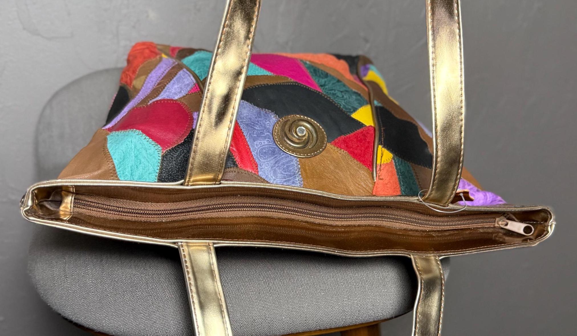 Vintage Leather Patchwork Tote Bag Colorful 80's Leather X Suede