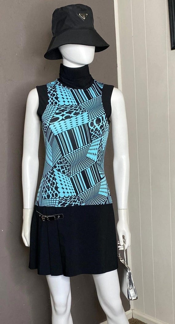 1990's MOD Abstract Print Turtleneck Mini Dress f… - image 1