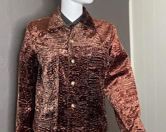 Vintage Velvet Trucker Jacket Coppery Brown Textured Faux Fur Silk Lined Size S/M Luxe Boho