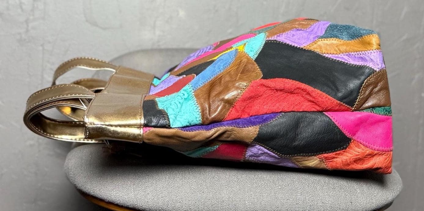 Vintage Leather Patchwork Tote Bag Colorful 80's Leather X Suede