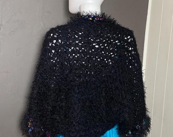 1990's Handknit Black Shrug Sweater 0S Open Fluffy Cardigan Wrap Handmade