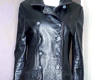 Abrigo marinero de cuero negro de los años 90 de Wilson's Leather, talla mediana.
