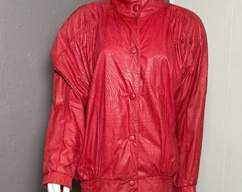 Chaqueta bomber de cuero rojo estilo vintage de los años 80: estampado jacquard abstracto, talla L/XL