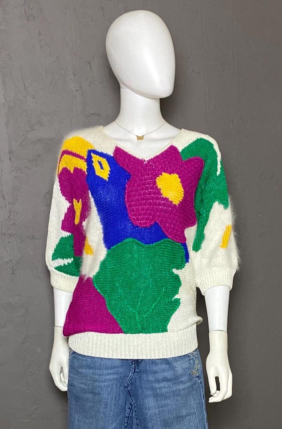 1980's Bold Floral Angora Top Maximalist Colorful 80s Sweater - Etsy