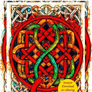 Puede incluir: Portada de un libro para colorear titulado "Celtic Knot Coloring Book". El diseño presenta intrincados patrones de nudos celtas en rojo, verde, amarillo y azul. Un círculo amarillo indica una descarga instantánea con 30 páginas para colorear relajantes.