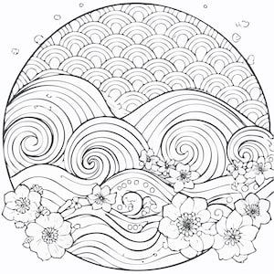 May include: Black and white line art illustration of a circular design featuring stylized waves, swirling water, and floral elements. The upper portion has a pattern of semi-circles, resembling clouds or a stylized sky.