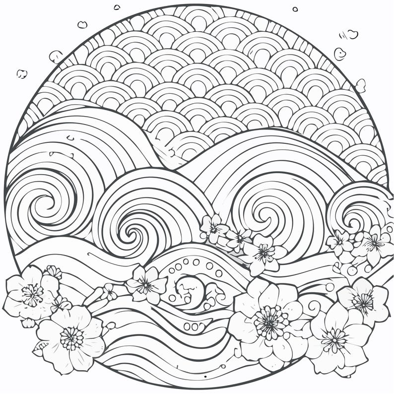 May include: Black and white line art illustration of a circular design featuring stylized waves, swirling water, and floral elements. The upper portion has a pattern of semi-circles, resembling clouds or a stylized sky.
