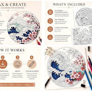 May include: Digital download coloring pages featuring Japanese waves and sakura blossoms. Includes 30 unique designs in PDF format, available in 8.5 x 8.5 inch and 8.5 x 11 inch sizes. The text reads "Relax & Create" and "Instant Download".
