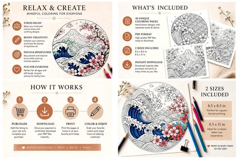 May include: Digital download coloring pages featuring Japanese waves and sakura blossoms. Includes 30 unique designs in PDF format, available in 8.5 x 8.5 inch and 8.5 x 11 inch sizes. The text reads "Relax & Create" and "Instant Download".