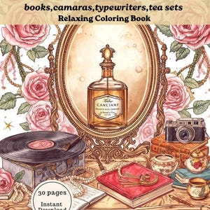 Puede incluir: Ilustración digital de una portada de libro para colorear de temática vintage. La imagen presenta un frasco de perfume, libros, una cámara, un tocadiscos y juegos de té. El texto dice "Vintage Treasures" y "Relaxing Coloring Book". La imagen está rodeada de rosas rosas.
